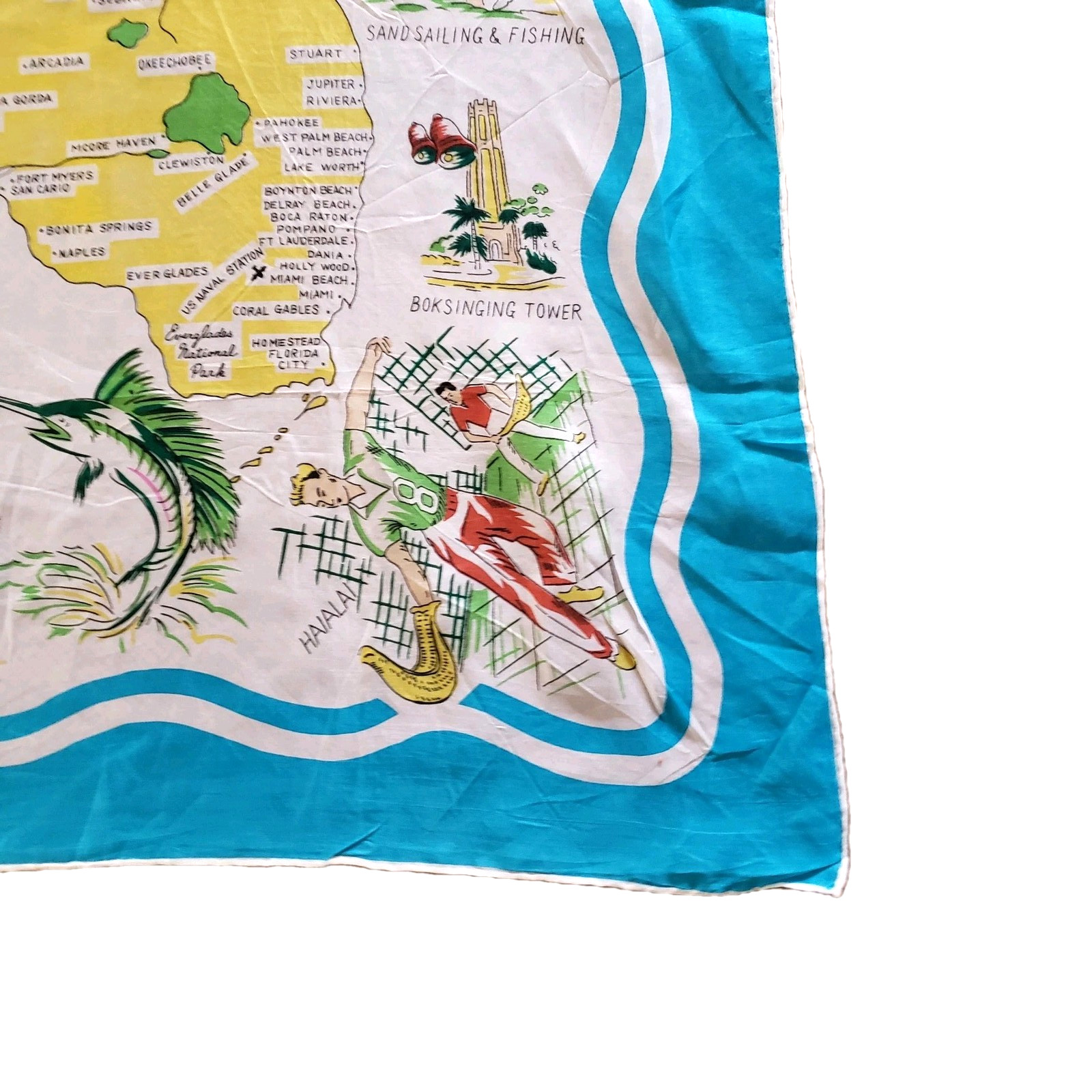 Vintage MCM Florida Map Scarf Rayon Turquoise Blue Hand Rolled Japan 30"X30"