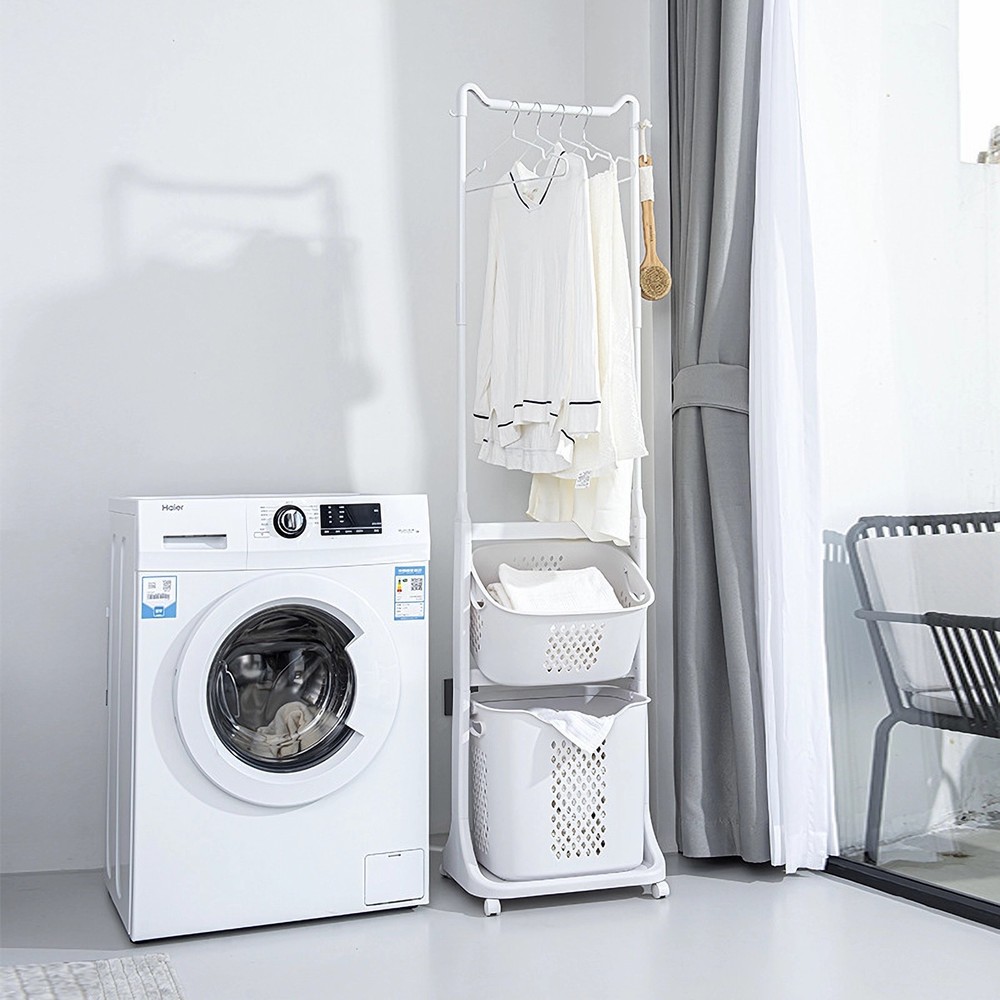 2-Tier Hamper Sorter with Wheels, Hanging Bar & Stackable Baskets