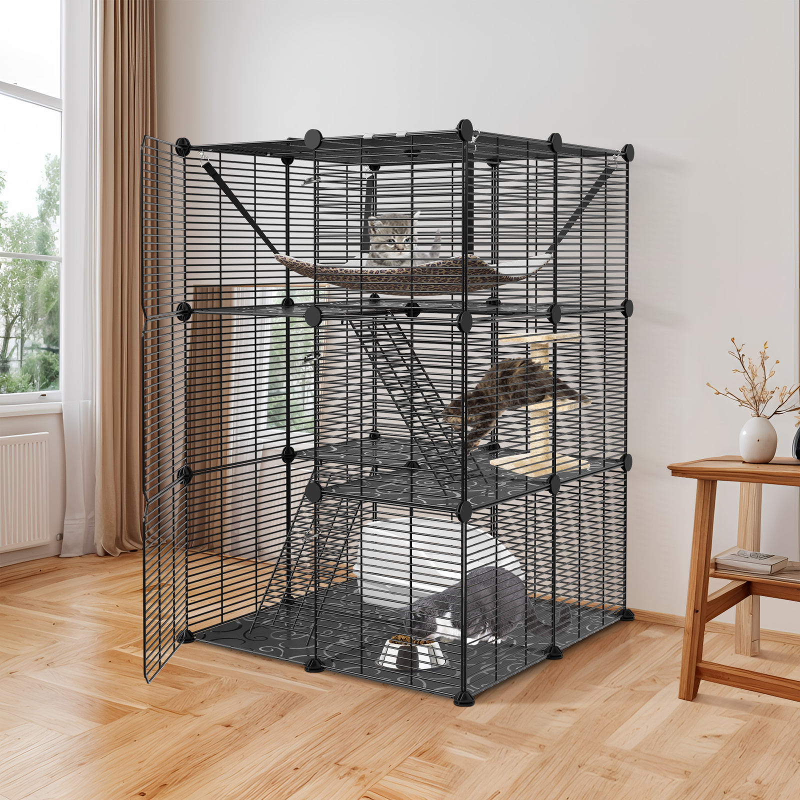 3-Tier Cat Cage Indoor Cat Enclosures DIY Detachable Metal Cat Kennel w/Hammock