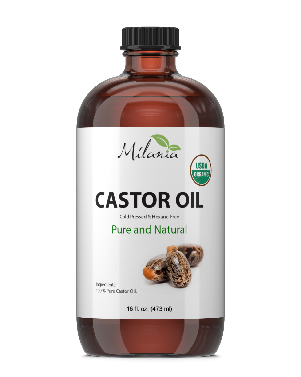 Milania Organic Castor Oil (16oz) - Glass Bottle - Cold Pressed & Hexane-Free.