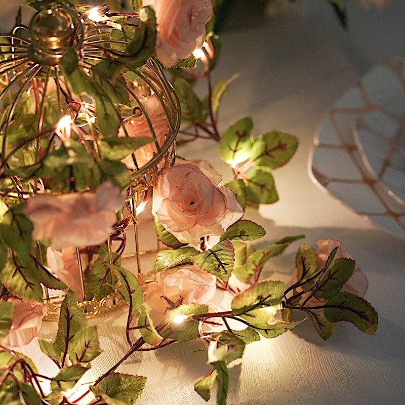Blush 7 ft LED Roses Leaves Garland Battery Operated Fairy Lights Party Supplies