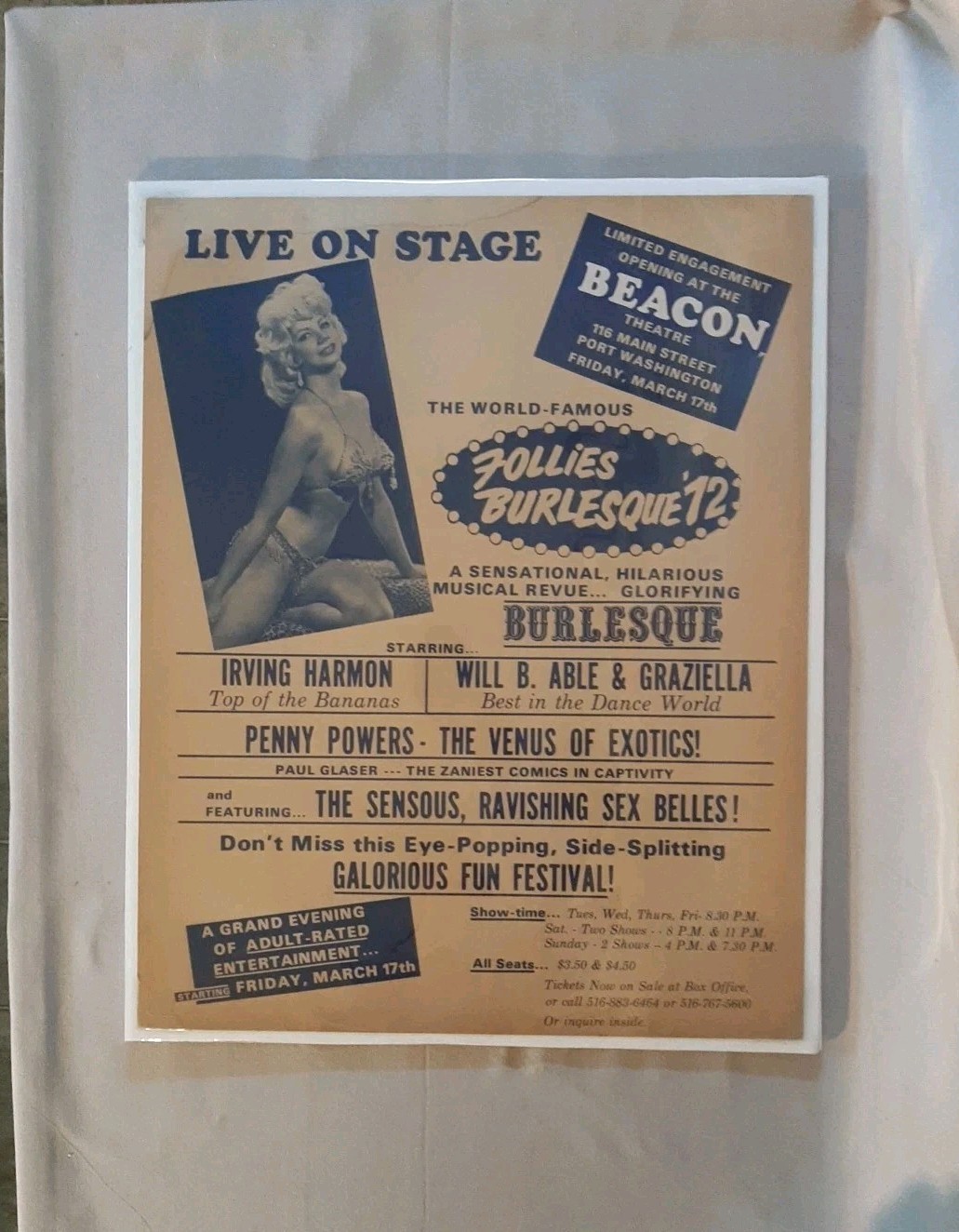 Vintage Adult Live Theater Poster Penny Powers Burlesque Show Beacon Theatre