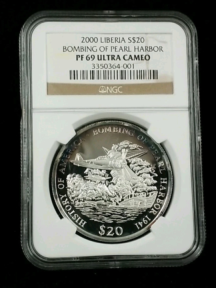 2000 LIBERIA S$20 'Bombing of Pearl Harbor' NGC PF 69UCAM .999 Proof Toned #6943