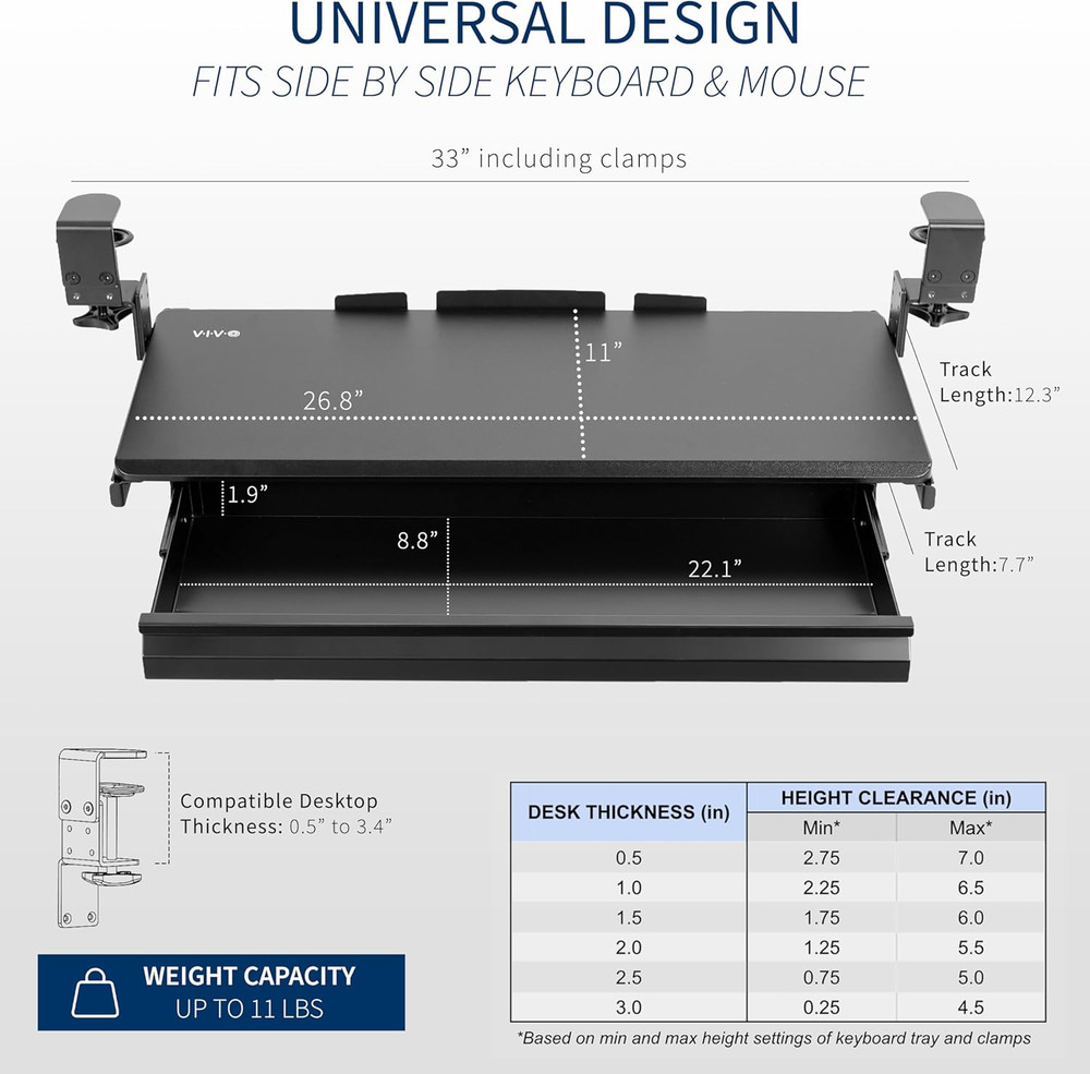VIVO Large Height Adjustable Clamp-On Keyboard Tray, Extra Sturdy Pull Out Platf