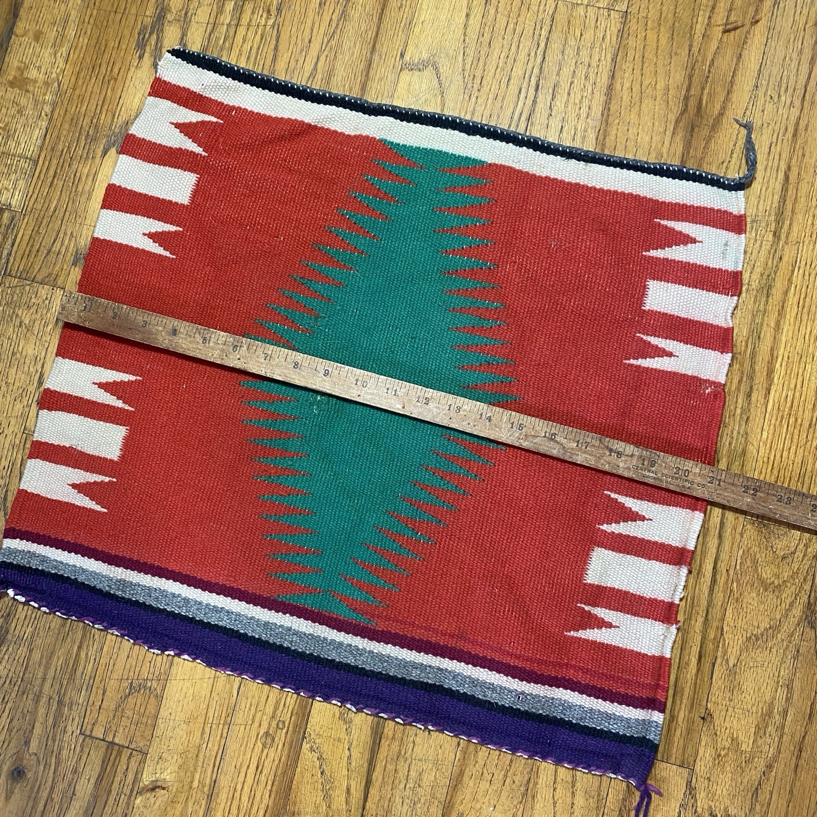 Vintage Navajo Germantown Sampler Rug Weaving Eyedazzler 21x19" Red Purple Green
