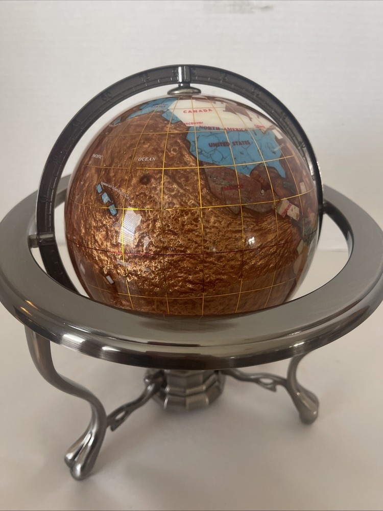 Gemstone World Globe Silver Tripod Stand Compass Manually Rotates 10” Tall