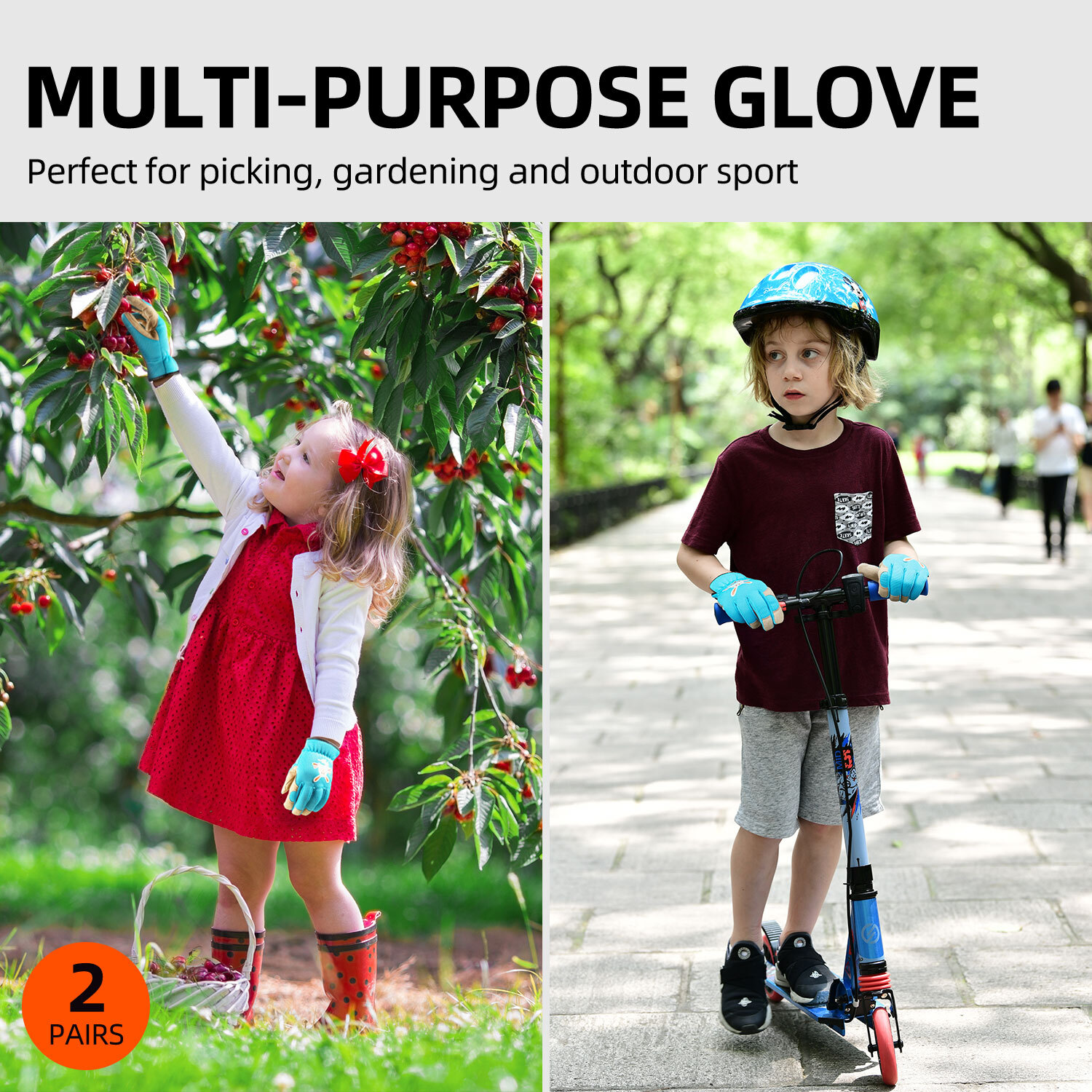 Vgo 2 Pairs Kids Gardening, Lawning, Working Gloves(2Colors, KID-SL7362)