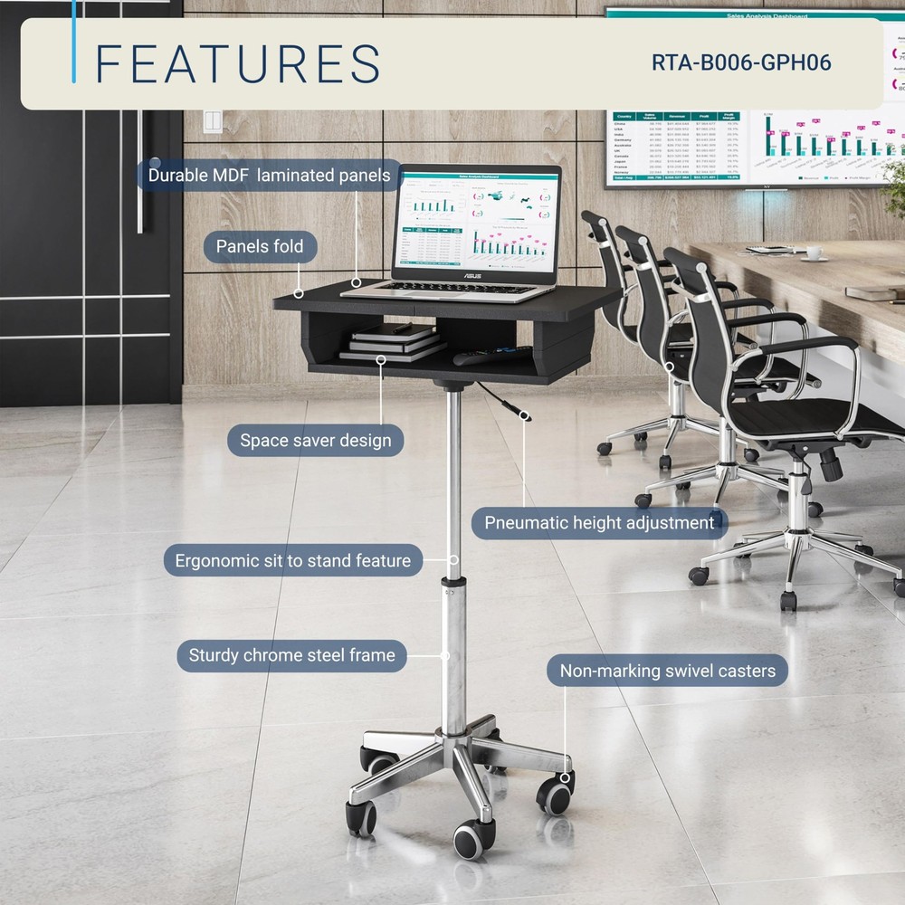 Techni Mobili Rolling Laptop Stand Extendable Panels Adjustable Height