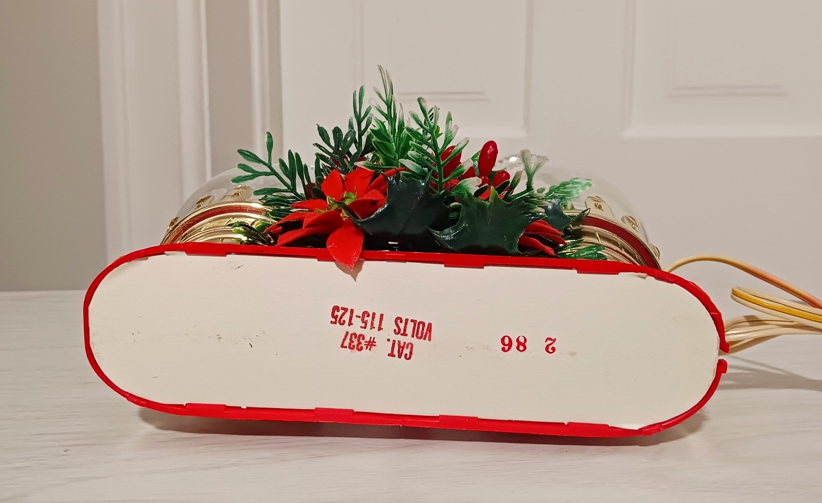 Vintage Christmas Flocked Poinsettia Hurricane Duel Chimney Electric Candle