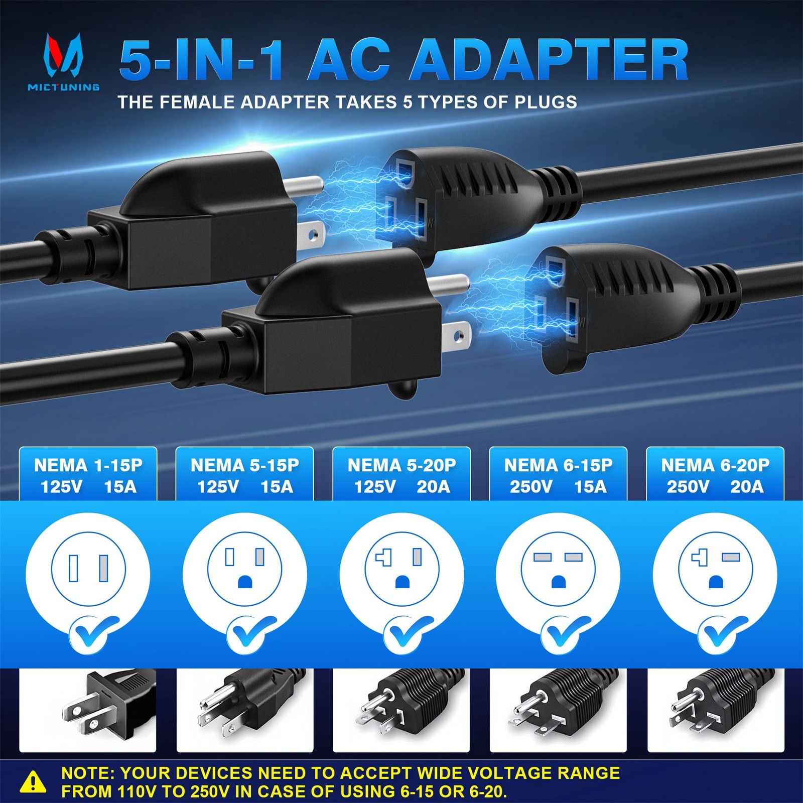 5-in-1 AC Port Plug 20A 125V, Dual 12 AWG Extension Cords for Trailer Truck Boat