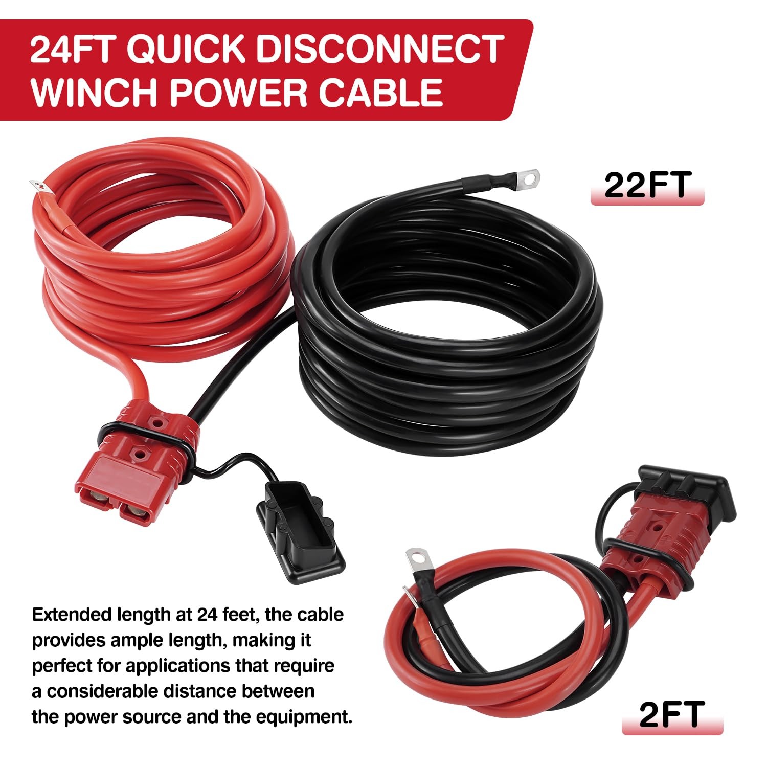 Heavy Duty 24 FT Quick ,Disconnect Winch Power Cable 2 Gauge 2 AWG Copper Wiring