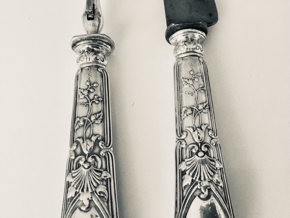 Antique Belgian Delheid 800 Silver Craving set knife & fork Iris
