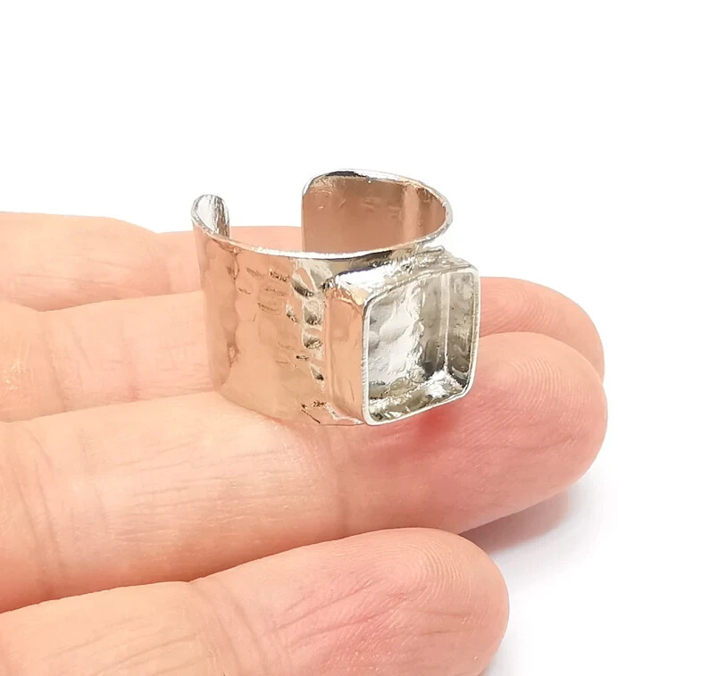Shiny Silver Ring Setting Bezel Resin Base Cabochon Blank Adjustable Ring G35674
