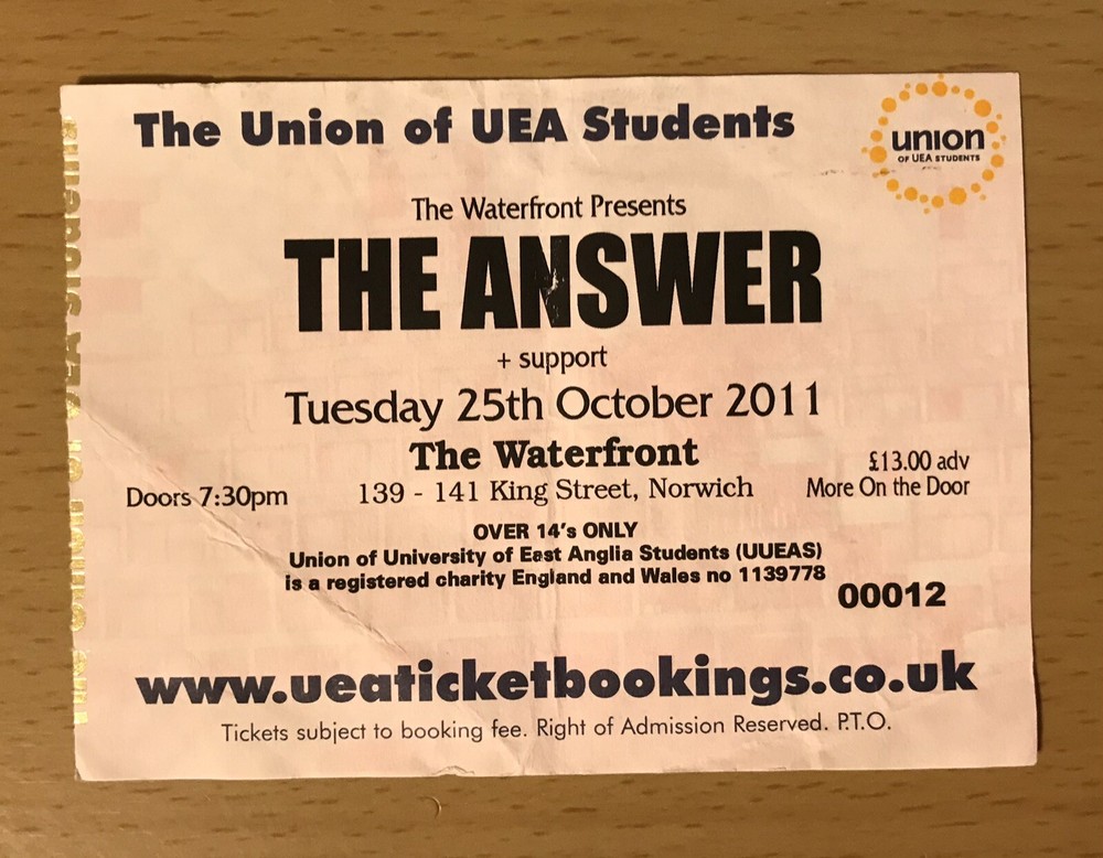 2011 THE ANSWER NORWICH UK CONCERT TICKET STUB RISE INTO THE GUTTER REVIVAL