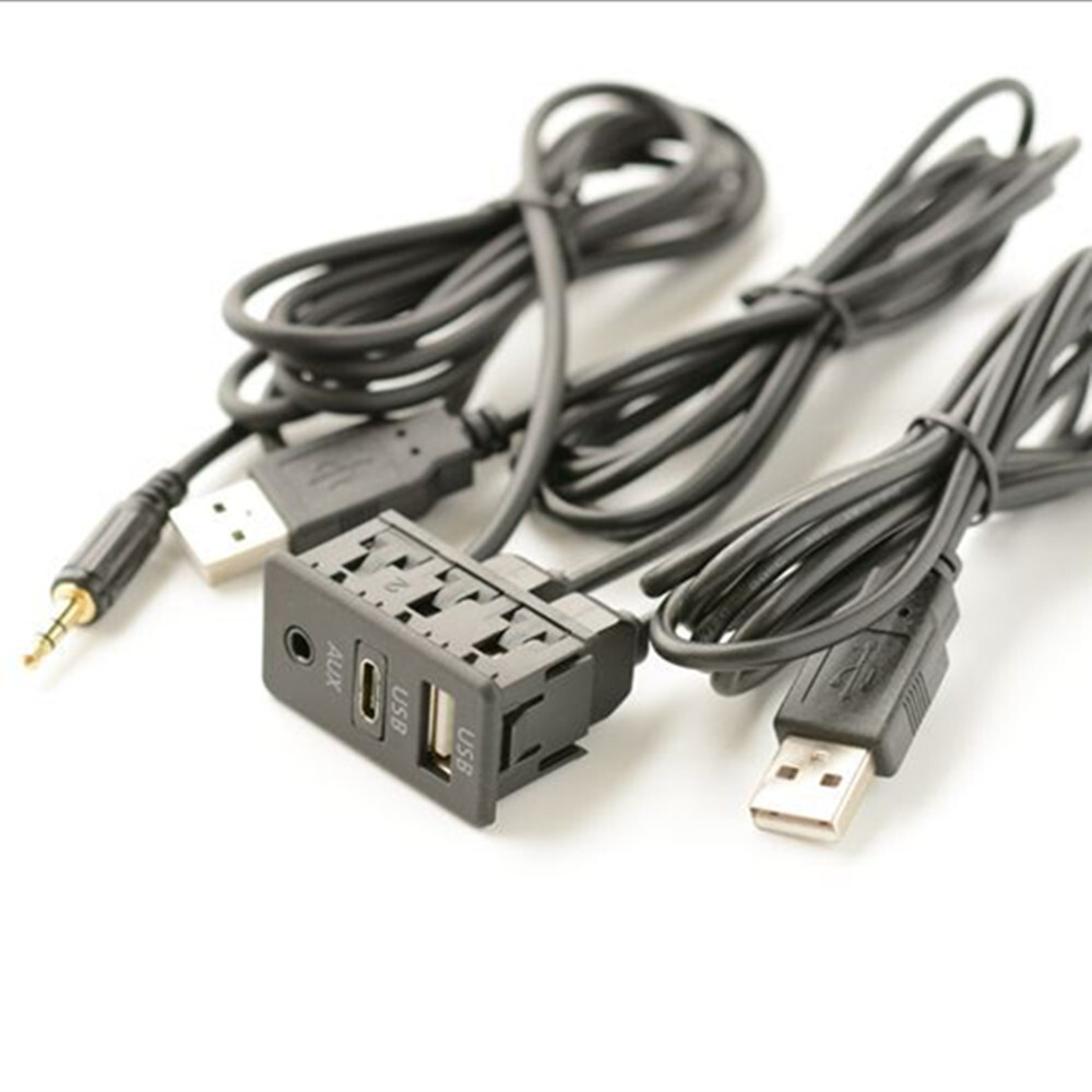 Car Dash Flush Panel Mount Dual USB Extension Cable Adapter Type C AUX Extender