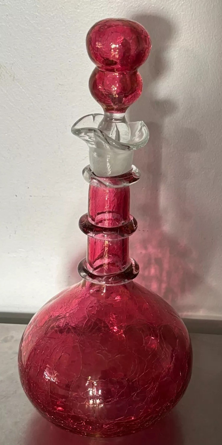 VTG Rainbow Ruffled Glass Crackle Decanter & Stopper Red Clear Rigaree Free Ship