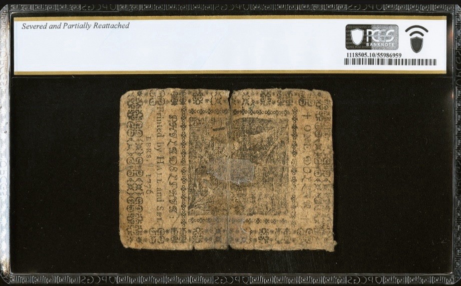 1776 American Revolution $1 Continental Currency, Colonial Banknote CC-23, PCGS