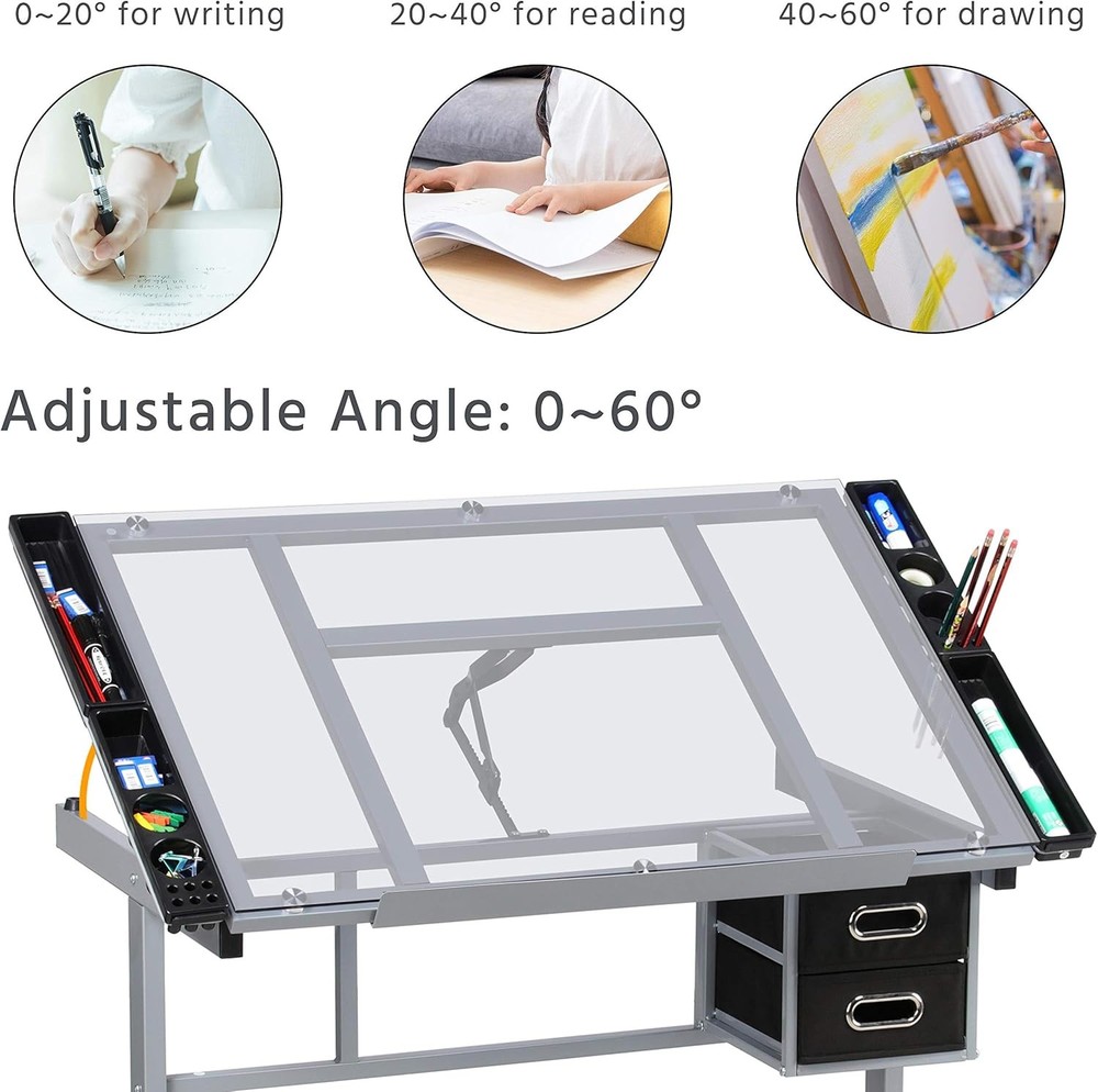 Drawing Desk Adjustable Glass Drafting Study Table Station w/ 2 Slide