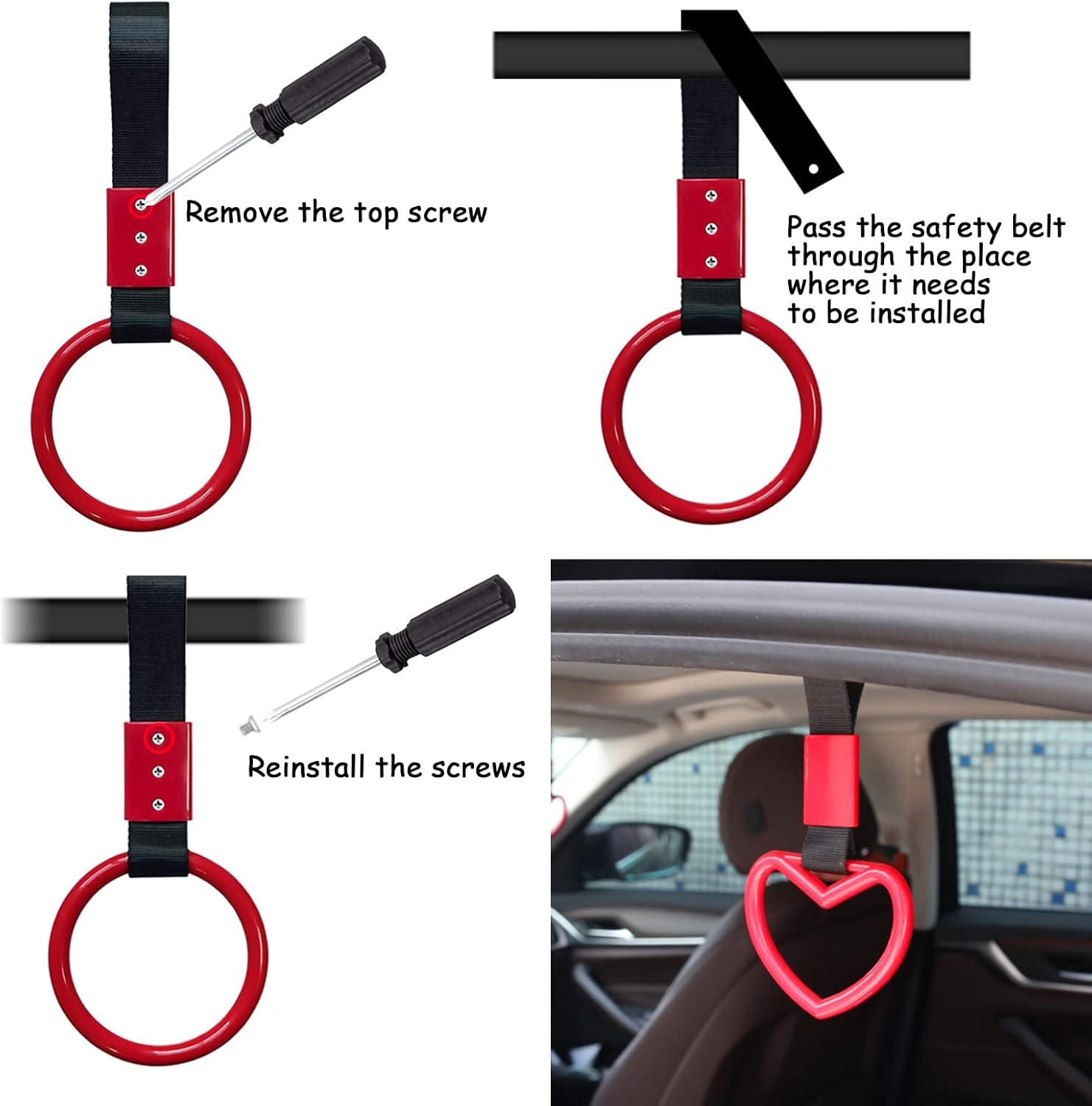 4 Pieces Tsurikawa round Heart-Shaped Car Hand Straps, ABS Ring Heart-Shaped Ca