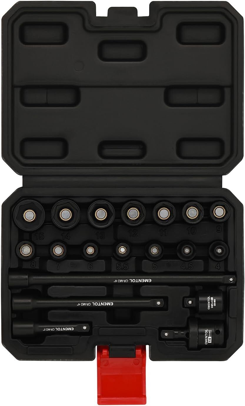 19PCS 1/4 " Drive Magnetic Impact Socket Set 4-15mm 6 Point Shallow Cr-Mo