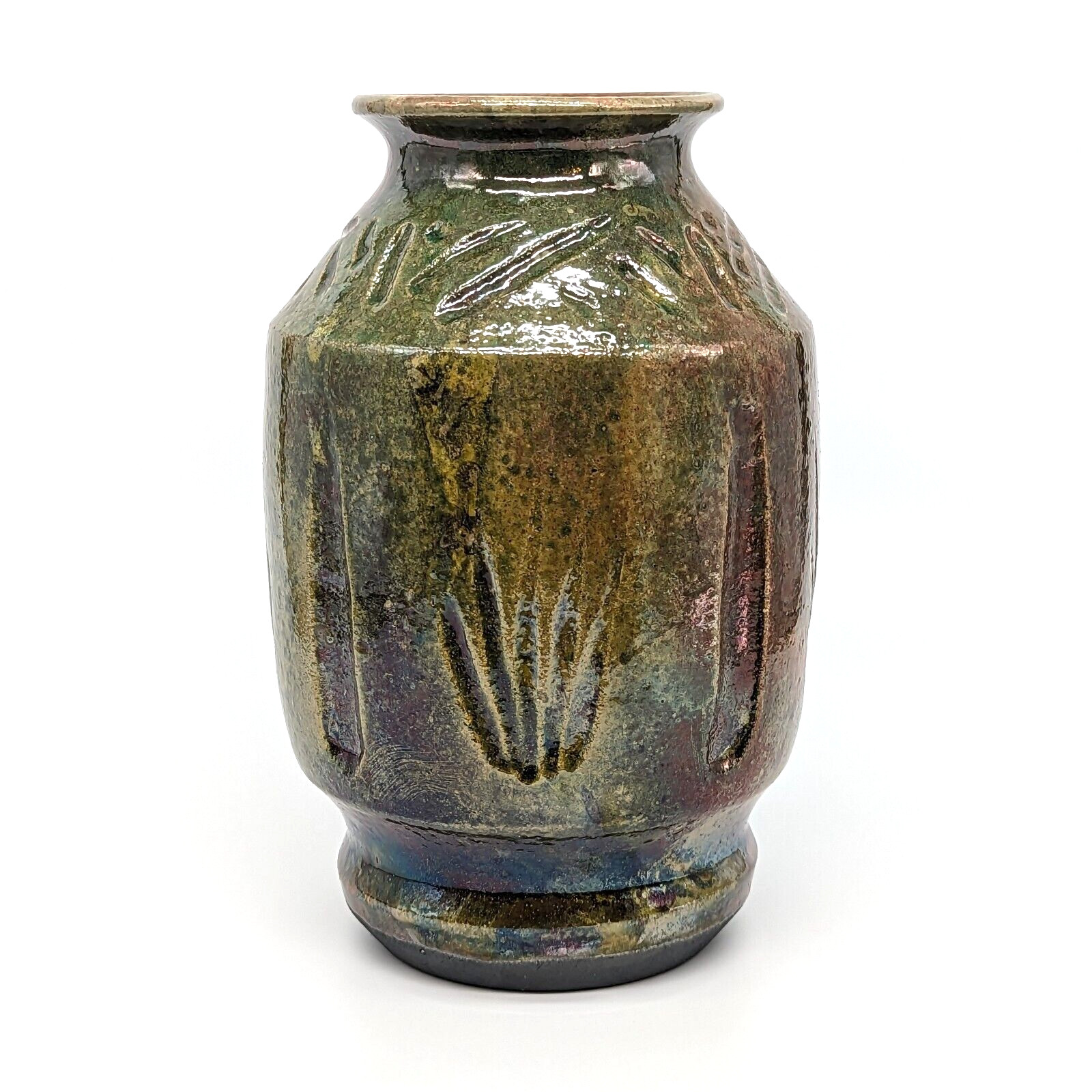 Iridescent Metallic Raku Vase Textured Nature Green Red Glaze Studio Art Pottery