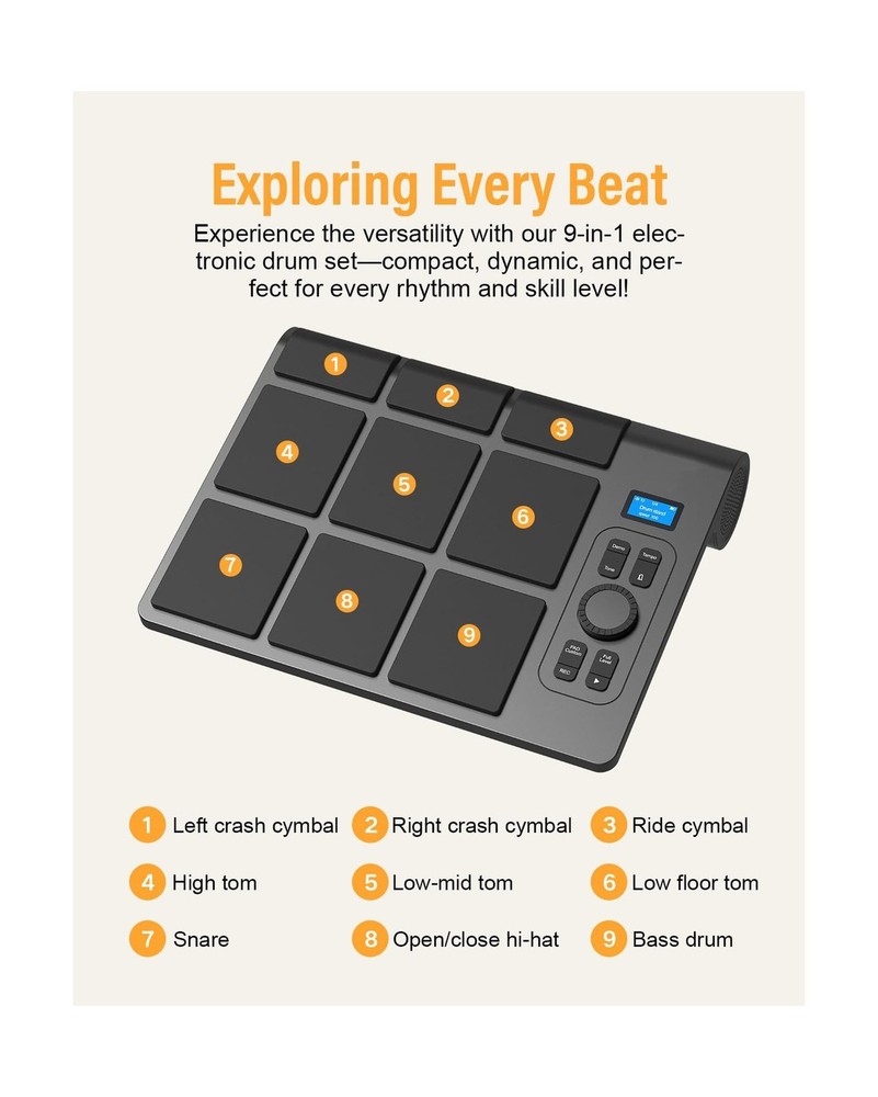 9 Pads Electronic Drum Pad, Electronic Tabletop Drum Set, Portable Digital Dr...