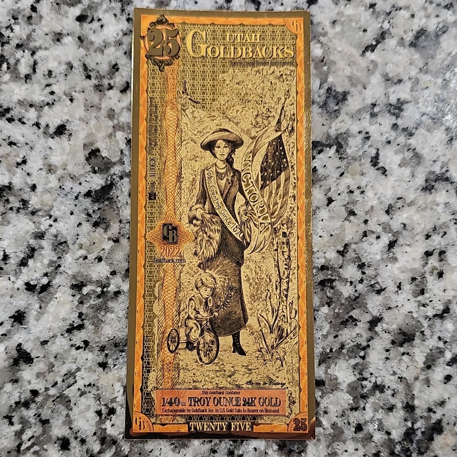 Goldback 25 2022 24K Gold Bar Note 1/40 oz 0.999 Fineness Uncertified Aurum