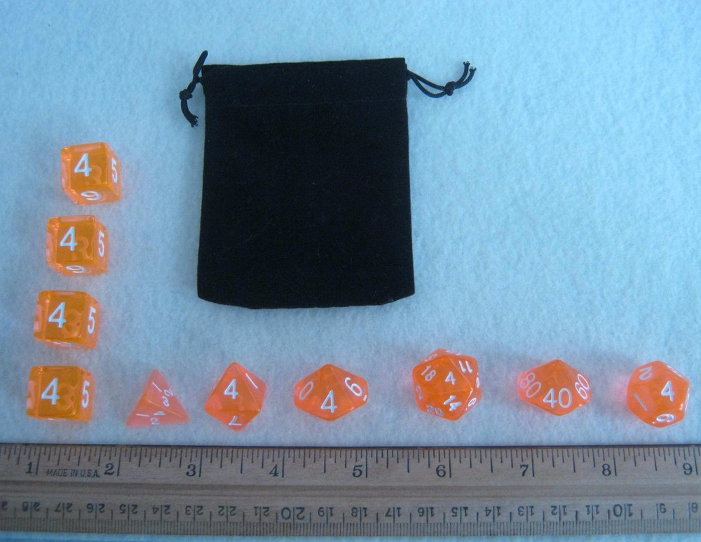 Translucent Salmon RPG Dice Set: 7 + 3d6 = 10 polyhedral die plus bag!