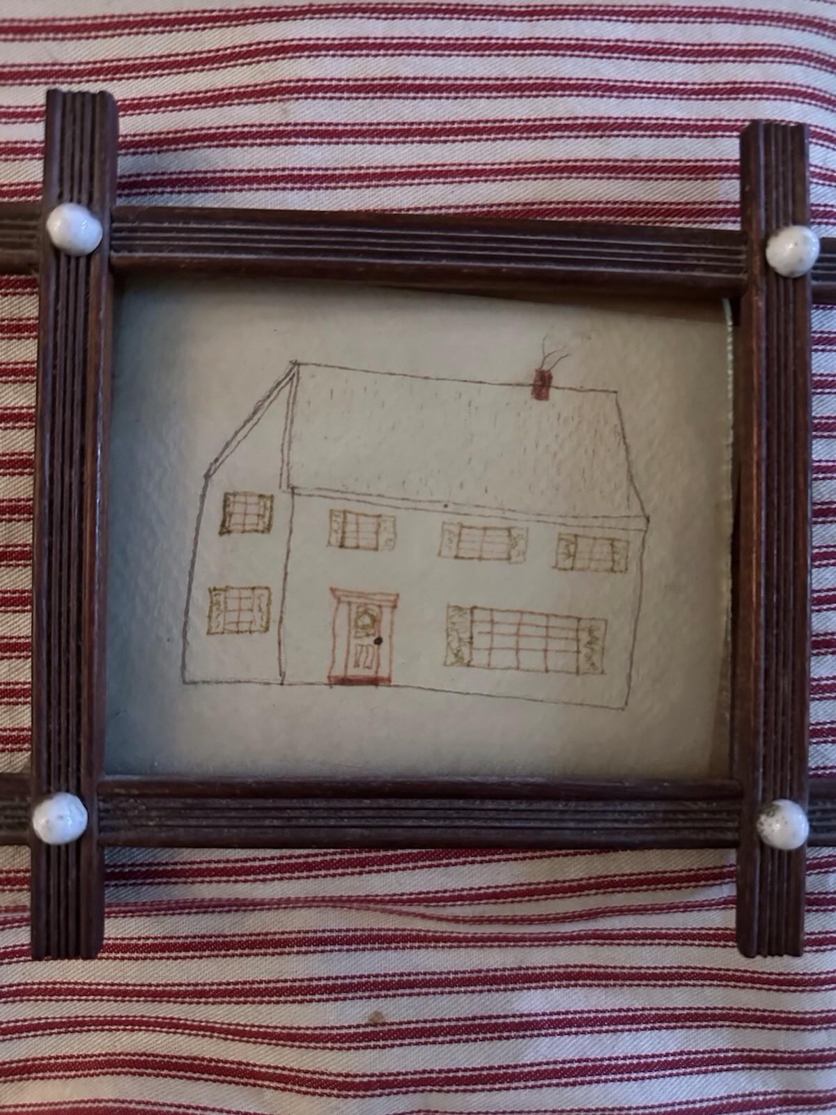 Antique American Folk Art School Girl Sketched Drawing Adirondack Frame