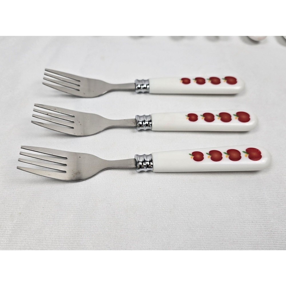 Apple Flatware Set & Holder Farmhouse Fruit Vintage Plastic Handle
