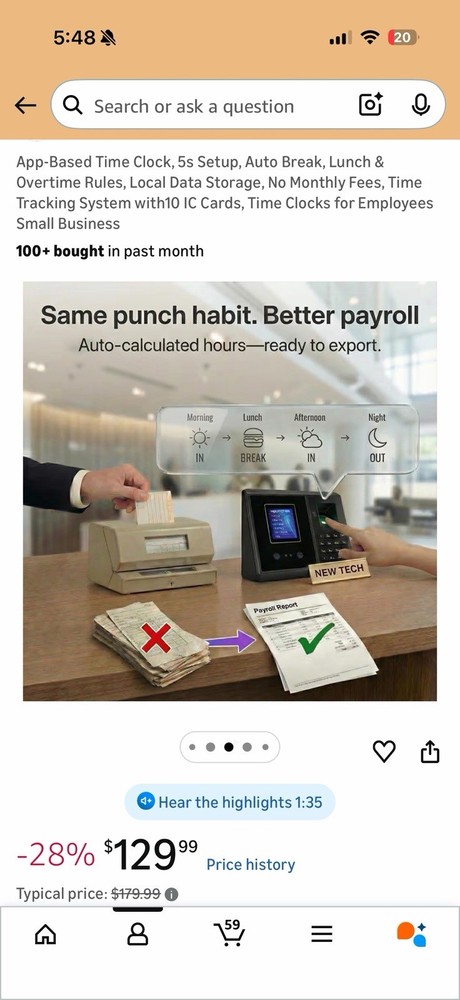 App-Based Time Clock, 5s Setup，Multi-Punch Daily, Auto Break, Lunch & Overtime R