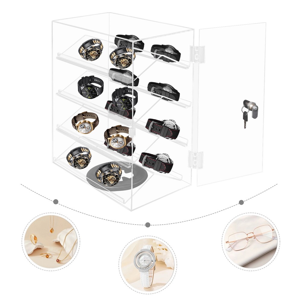 4 Tier 360° Rotation Acrylic Locking Box Clear Display Case Dust-proof Showcase
