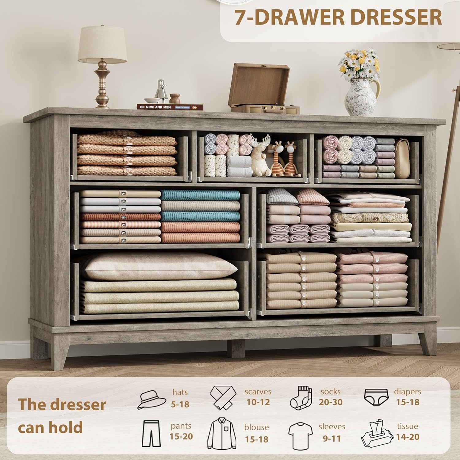 Dresser with Seven Drawers, Large Wooden Storage Cabinet for Living Room,Bedroom