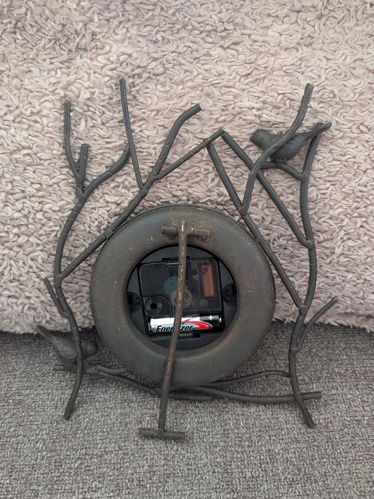TABLE CLOCK Brown Rustic Cast Iron Vines with Birds Distressed Tested Works