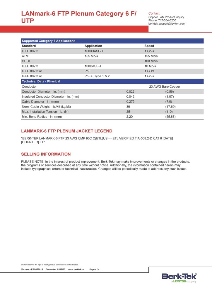 Berk-Tek 23/4P LANmark 6 CAT6 Plenum F/UTP Shielded Network Cable CMP Red /50ft
