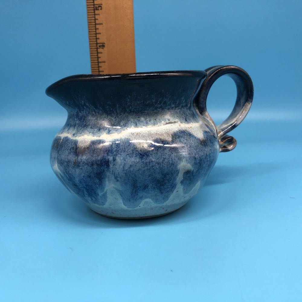 Studio Art Pottery Blue White Glaze Short Pitcher Butterfly Pattern