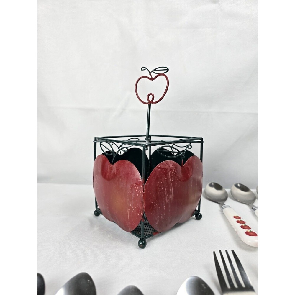 Apple Flatware Set & Holder Farmhouse Fruit Vintage Plastic Handle