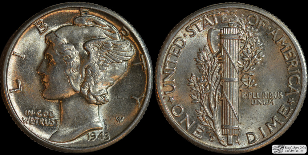 1943 D Mercury Dime, Brilliant Uncirculated Condition, Full Split Bands, C7043