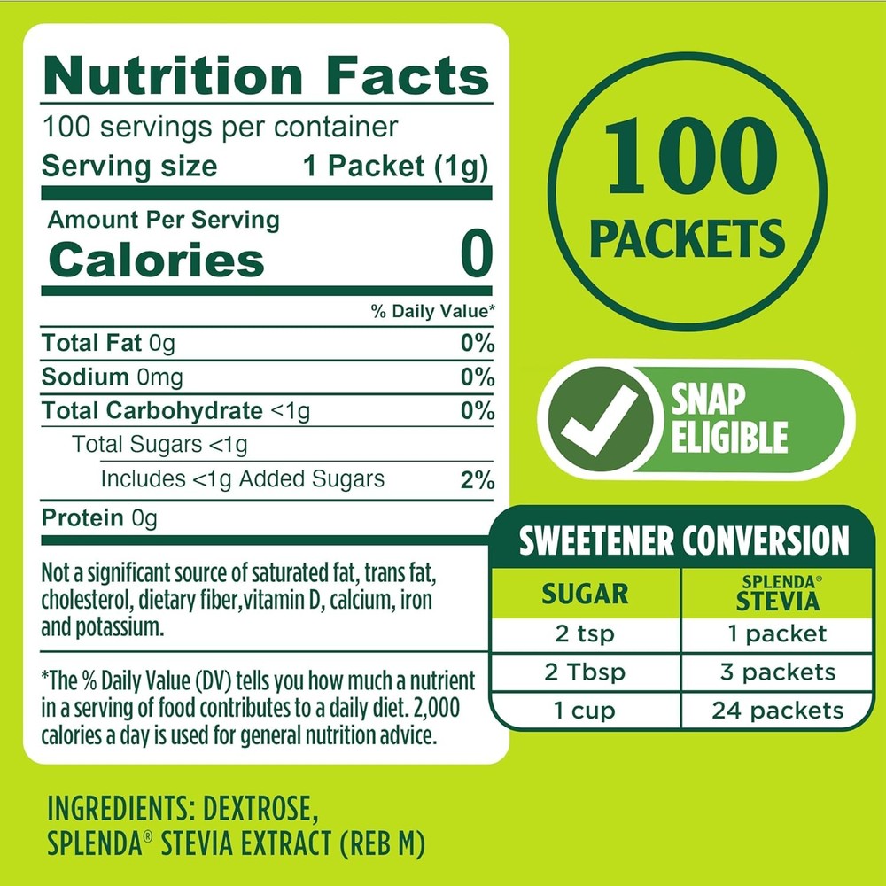 Stevia Zero Calorie Sweetener Packets 100 Count