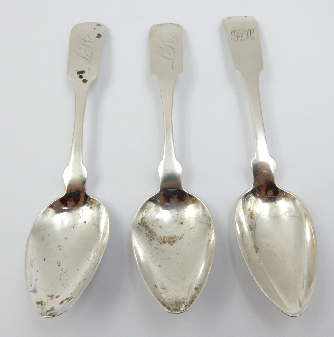 ANTIQUE SET OF THREE .900 COIN SILVER TEASPOONS W/MONO - 44.4 GRAMS TOTAL SCRAP