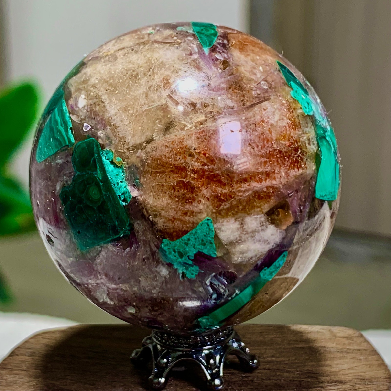 102G Newly discovered rare malachite purple mica symbiotic sphere restoration