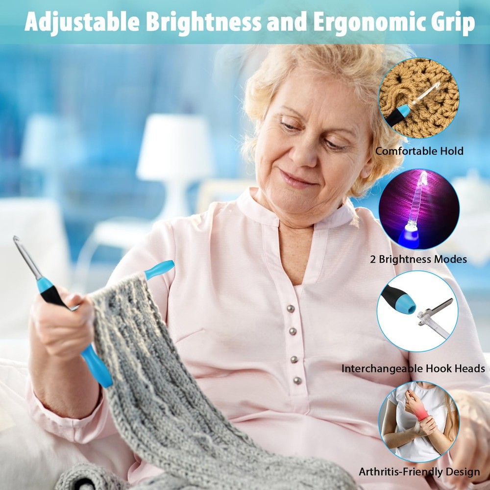 Rechargeable Lighted Crochet Hooks 11 Sizes Interchangeable Heads with Handle