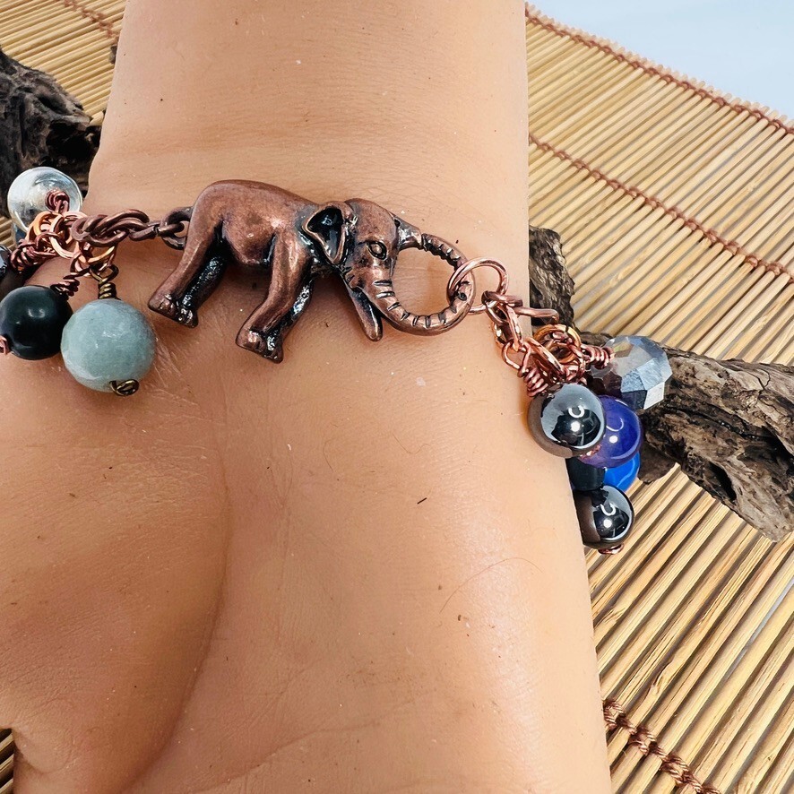 Gemstone Bead Copper Tone Elephant Closure Dangle Bracelet Boho MultiColor