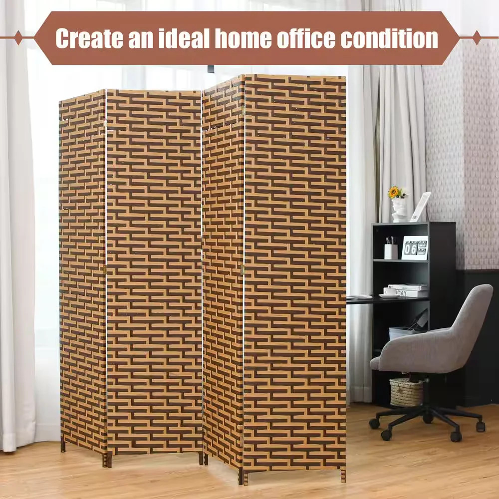 6ft Tall 4-Panel Yellow Folding Room Divider Weave Privacy Screen