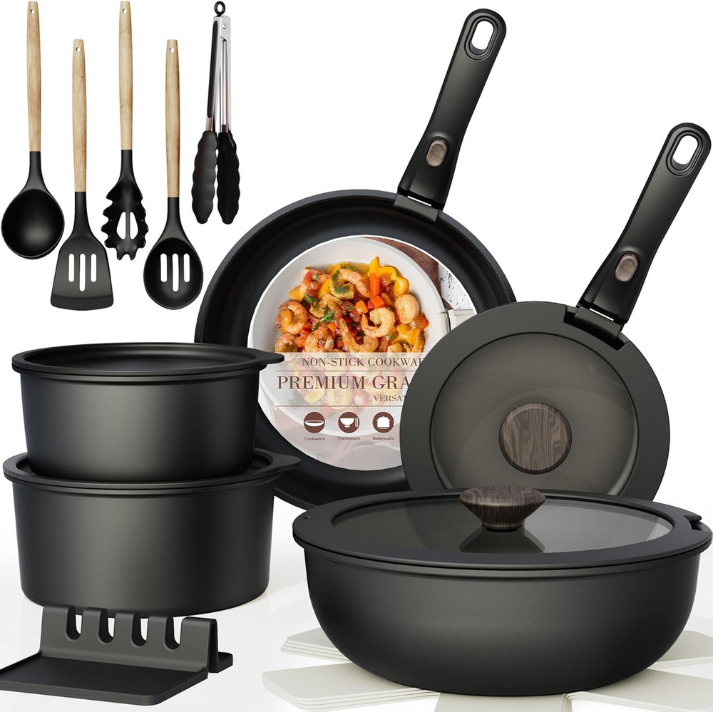 21PCS Nonstick Ceramic Cookware Set Removable Handle Stackable Induction