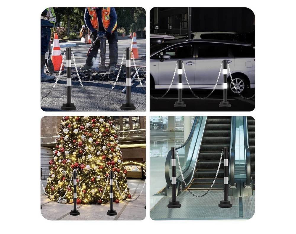 4 Pack- 34” Traffic Delineator Post Cones, Fillable Base & 5ft Plastic Chains