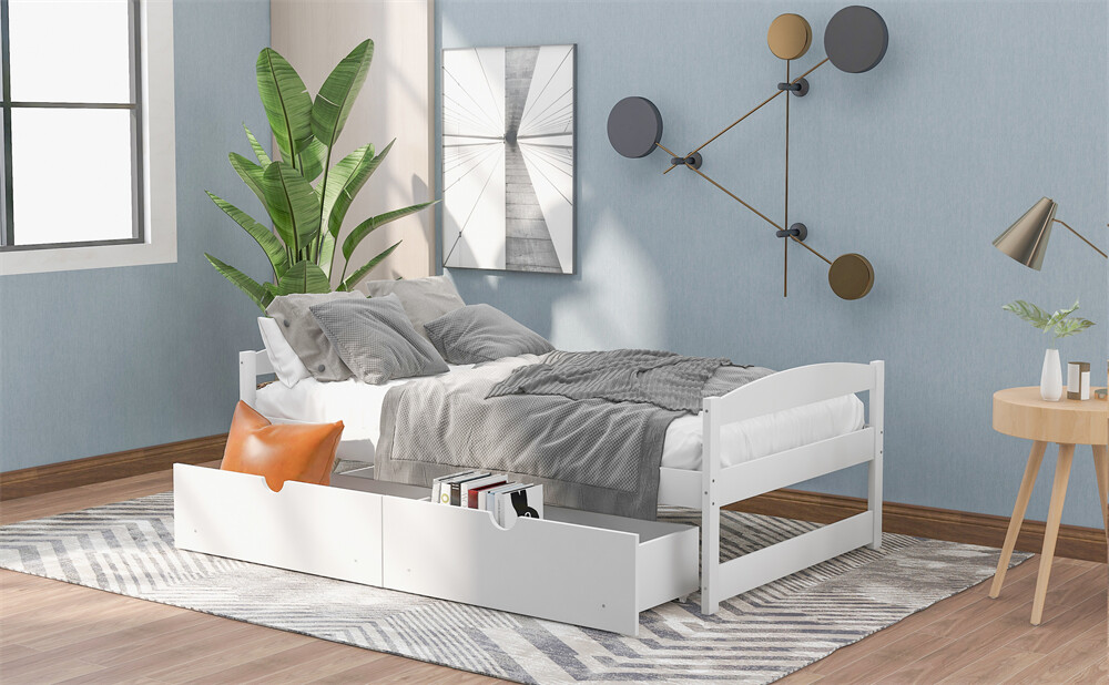 Twin Size Platform Bed Two Drawers White Solid Wood Frame Simple Single-layer