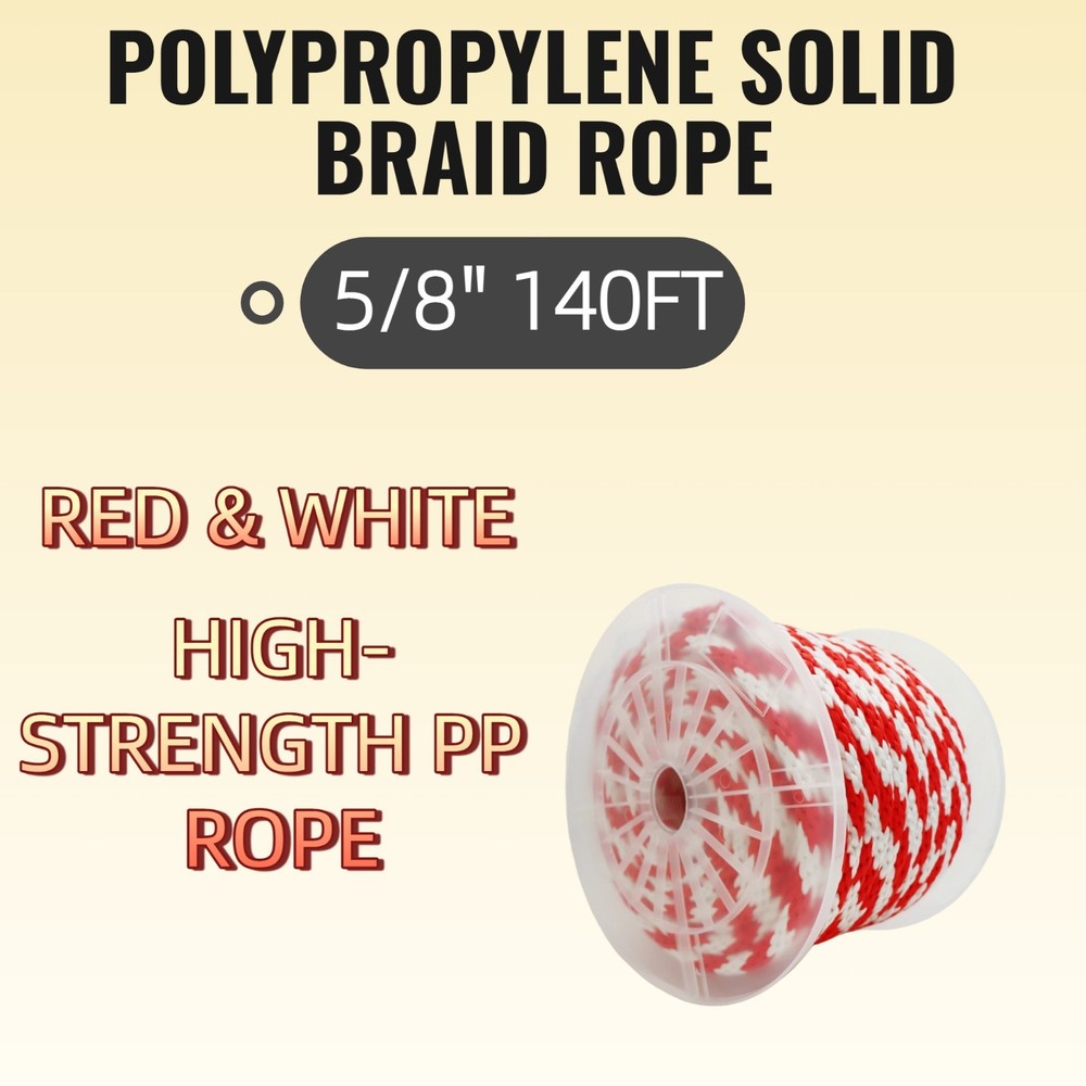 5/8 140 FT PP Heavy Duty Solid Braid Utility Rope Strong Multipurpose Rope