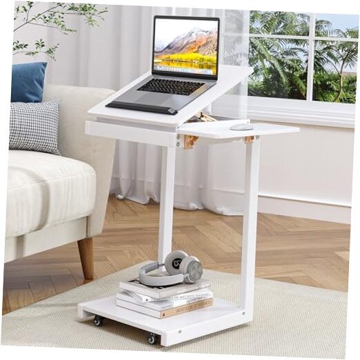 C Shaped End Table, Rolling Side Table with 4-Way C shaped table White