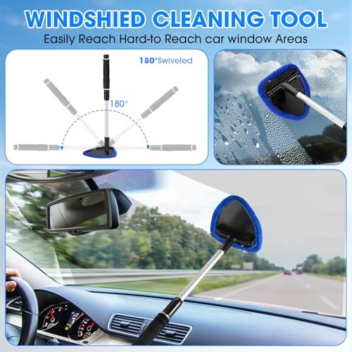 Windshield Cleaner Tool, Car Interior Cleaning Kit with Extendable Handle Blue